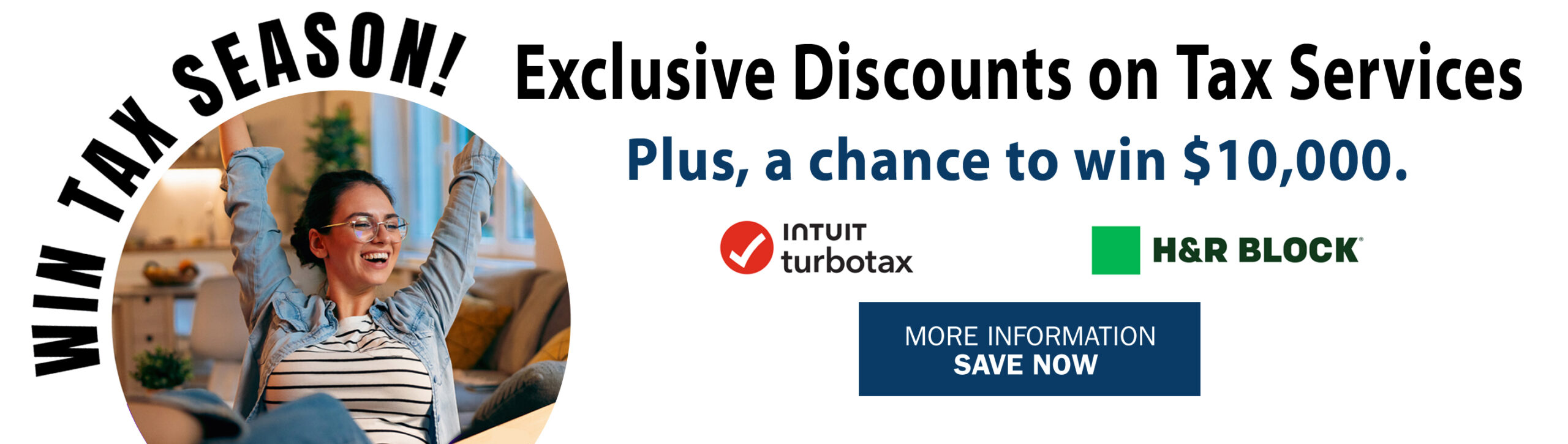 woman excited about saving on tax services. Turbo Tax, H&R Block