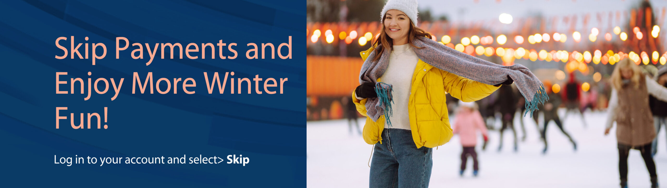 young adult at outdoor ice skate rink with holiday lights